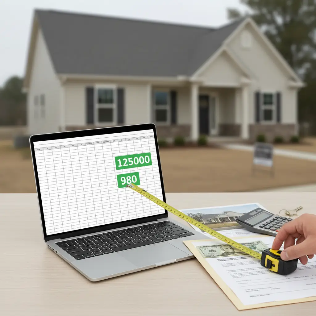 A person measures figures on a laptop screen displaying a spreadsheet with highlighted numbers 125000 and 980 using a tape measure, with a house, calculator, documents, cash, and keys on the desk, illustrating the 1% Rule.