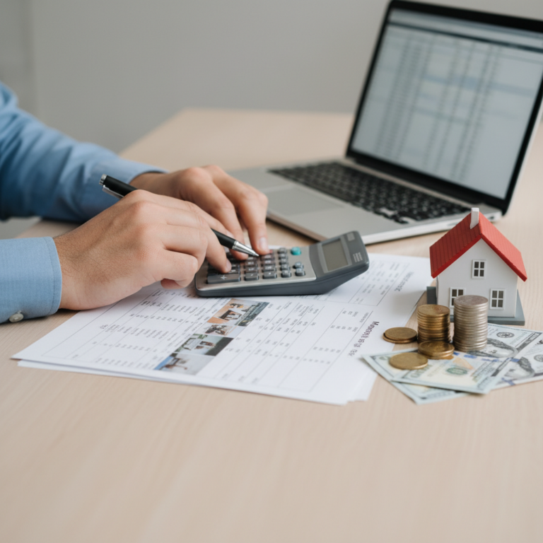 Person using a calculator beside financial documents, a laptop, a small model house, and stacks of coins and cash, illustrating the 7% rule.