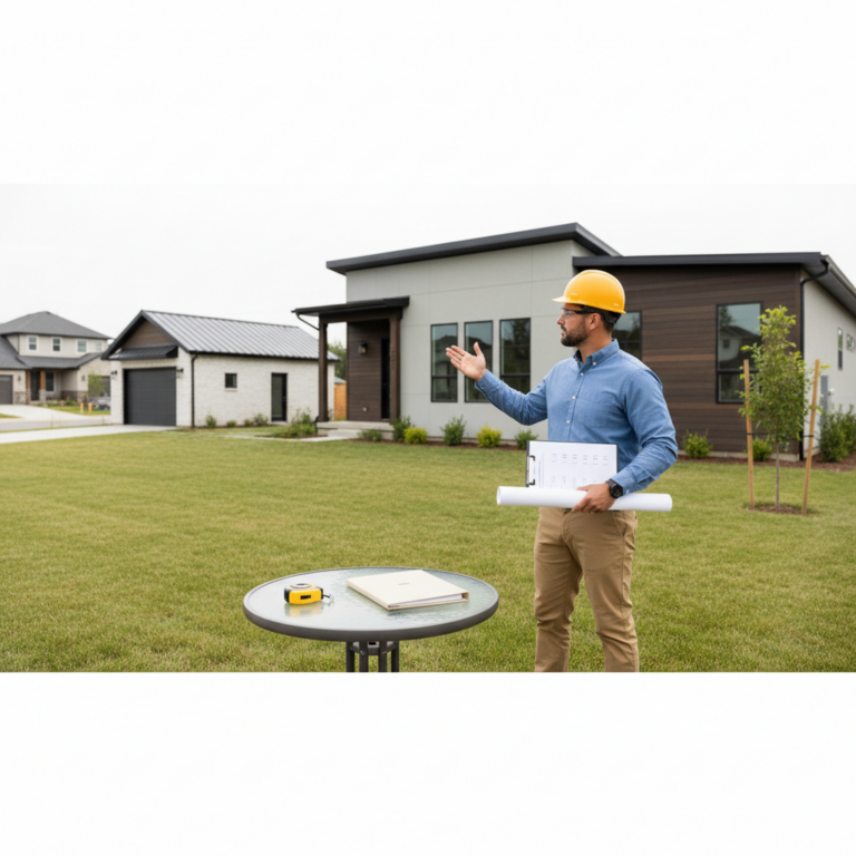 Construction professional wearing a yellow hard hat stands on a lawn holding plans and gestures toward a modern house, illustrating ADU Compliance.