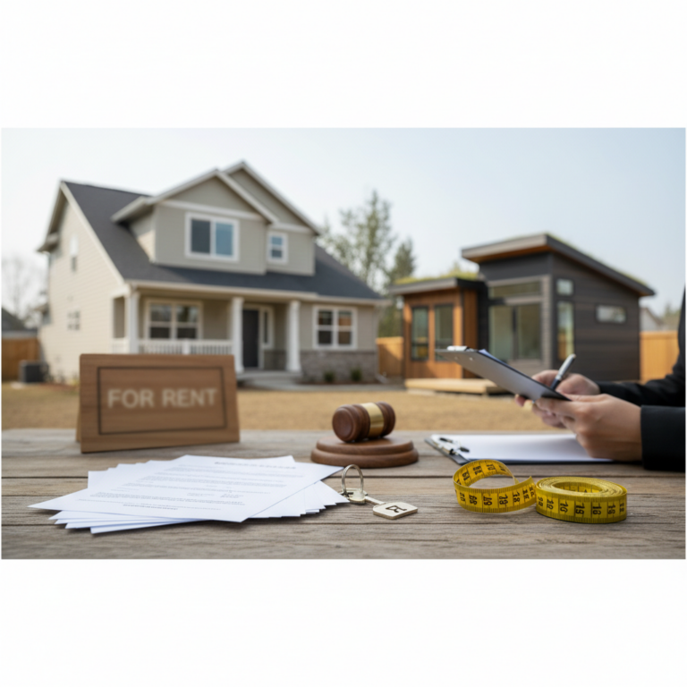 Documents, a gavel, a tape measure, and a key on a wooden table in front of a rental house and backyard unit, representing ADU Laws.