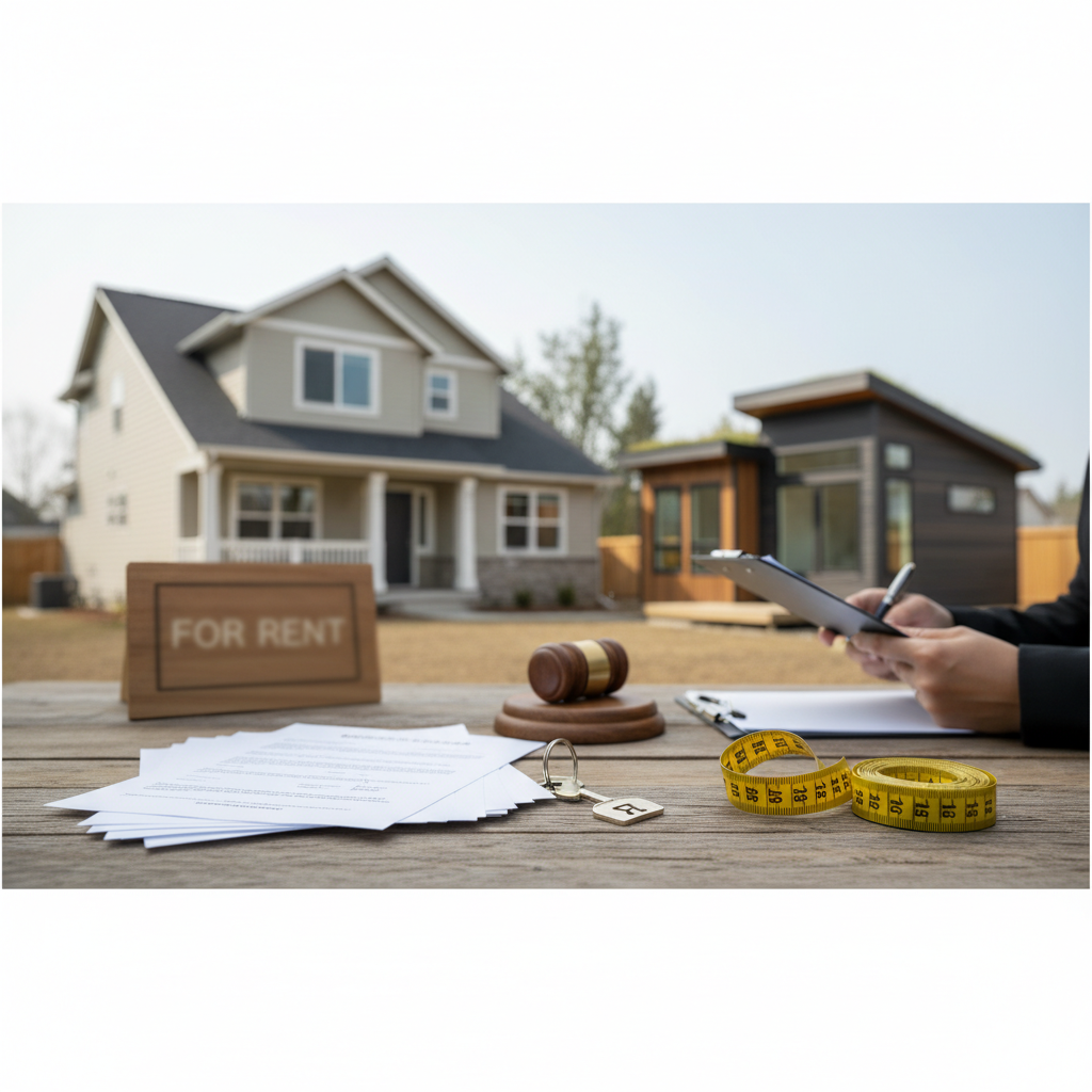 Documents, a gavel, a tape measure, and a key on a wooden table in front of a rental house and backyard unit, representing ADU Laws.