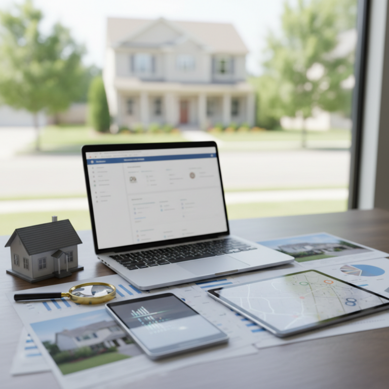 Laptop on a desk displaying a property data dashboard beside a tablet with a digital map, a smartphone with charts, printed reports, a magnifying glass, and a small model house, representing AVM (Automated Valuation Model).