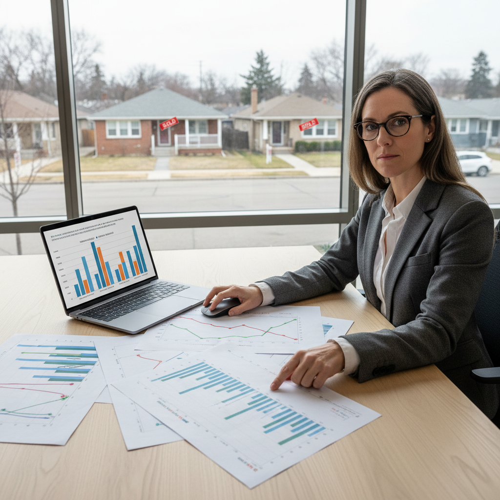 Laptop with charts, calculator, small house model, and for sale and sold signs on a desk illustrating Absorption Rate in a housing market context.