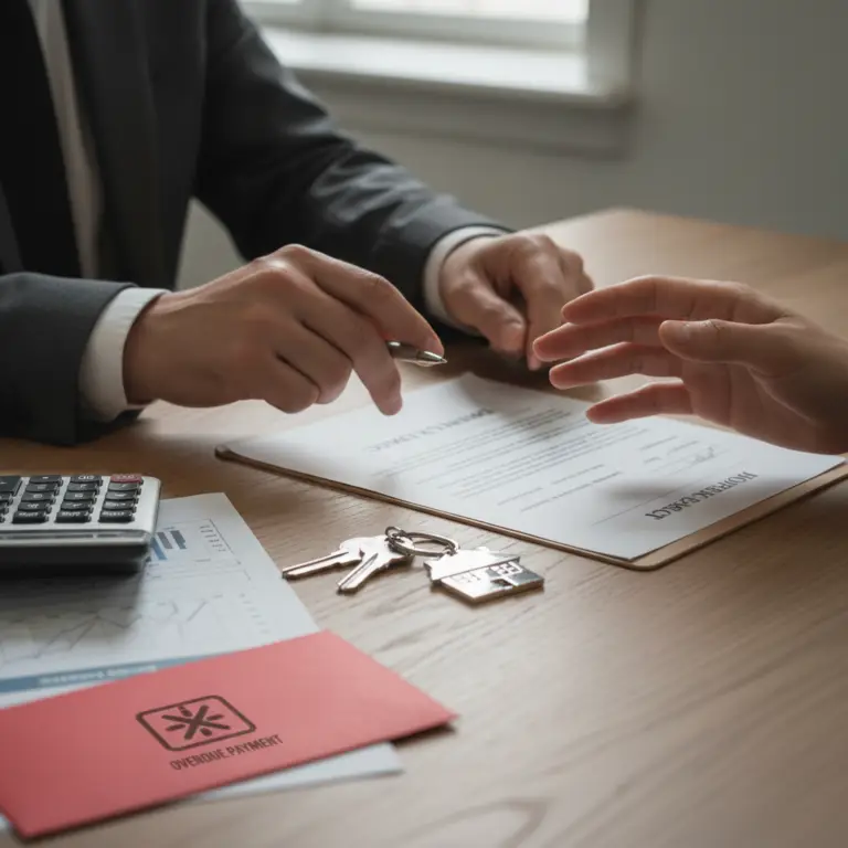 Two people sit at a desk reviewing and signing a contract labeled Acceleration Clause, with house keys, financial documents, a calculator, and an overdue payment envelope on the table.
