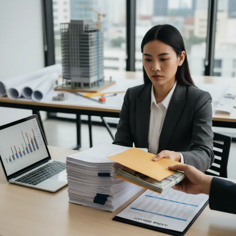 Businesswoman in a gray suit sitting at a desk with financial documents, a laptop showing bar charts, and a person handing her an envelope filled with cash, illustrating Accounts Receivable Factoring