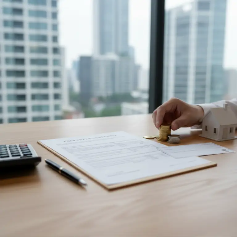 A person’s hand stacking coins beside a small house model, calculator, and paperwork labeled agreement on a wooden desk in front of large city windows, illustrating the concept of Acquisition Fee.