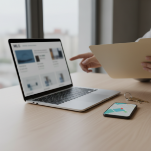 Person pointing at a laptop screen displaying property thumbnails while holding a folder, with a smartphone showing a map and house keys on the desk, illustrating Active Listings.