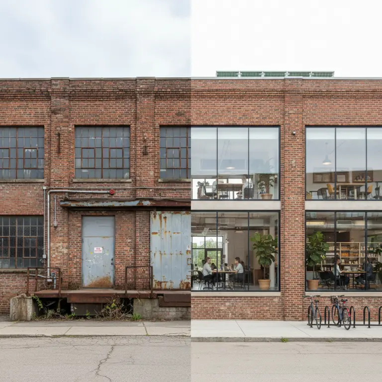 Split-view of a brick industrial building showing a before-and-after transformation, with the left side old and rundown and the right side renovated with large glass windows, plants, and people working inside, illustrating Adaptive Reuse.