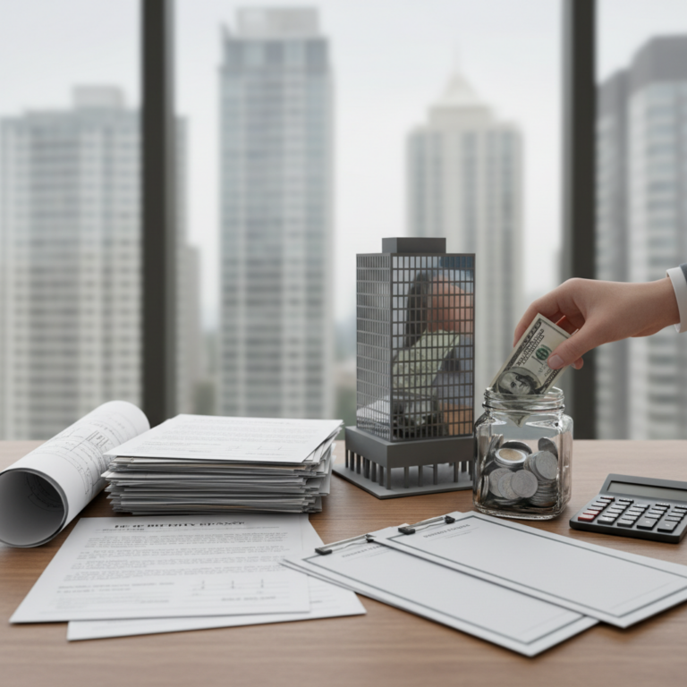 Office desk with documents, a calculator, a small model office building, and a hand placing cash into a jar of coins, representing Additional Paid-in Capital.