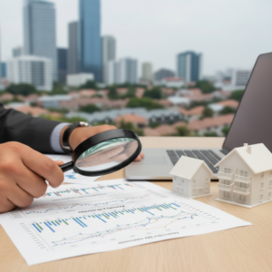 Business person using a magnifying glass to examine financial charts beside small model houses and a laptop with a city skyline in the background, illustrating Age Cohort Shifts.