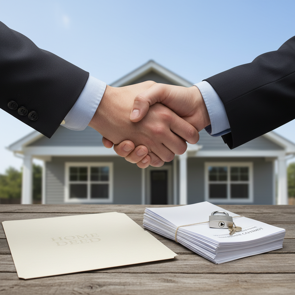 Two people in business suits shake hands in front of a house, with property documents and a folder labeled home deed on a wooden table, representing an agreement related to an Alienation Clause.