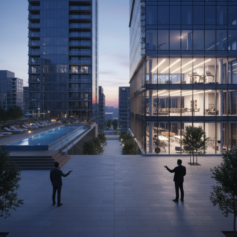 Twilight view between two glass high-rise buildings, one with a lit fitness center and the other with an elevated rooftop pool, where two suited figures stand facing each other in a plaza, illustrating Amenity War.