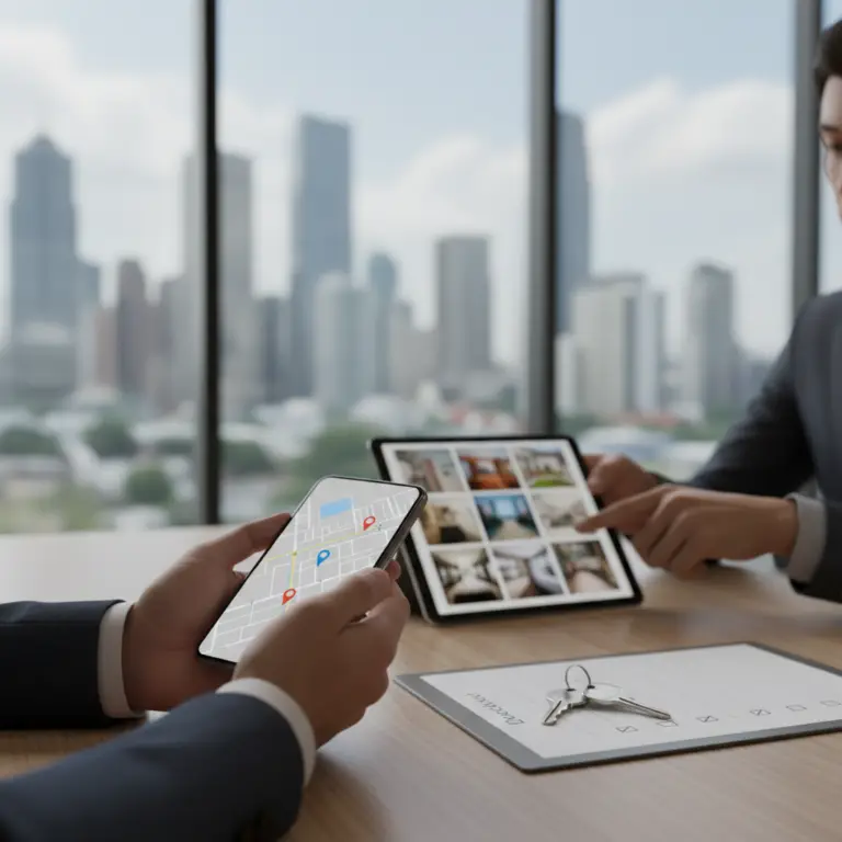 Two professionals sit at a table in front of a city skyline, using a smartphone with a map and a tablet displaying property photos next to a contract and keys, representing an Apartment Locating Service meeting.