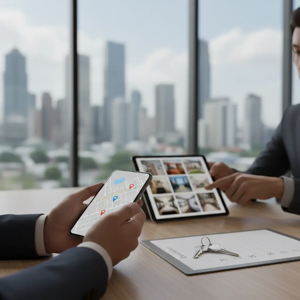 Two professionals sit at a table in front of a city skyline, using a smartphone with a map and a tablet displaying property photos next to a contract and keys, representing an Apartment Locating Service meeting.