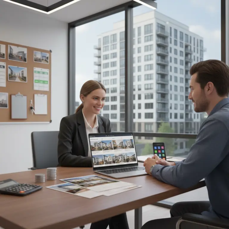 A professional woman shows property listings on a laptop to a man seated across a desk in a modern office with large windows overlooking an apartment building, illustrating Apartment Locator Leads in action.