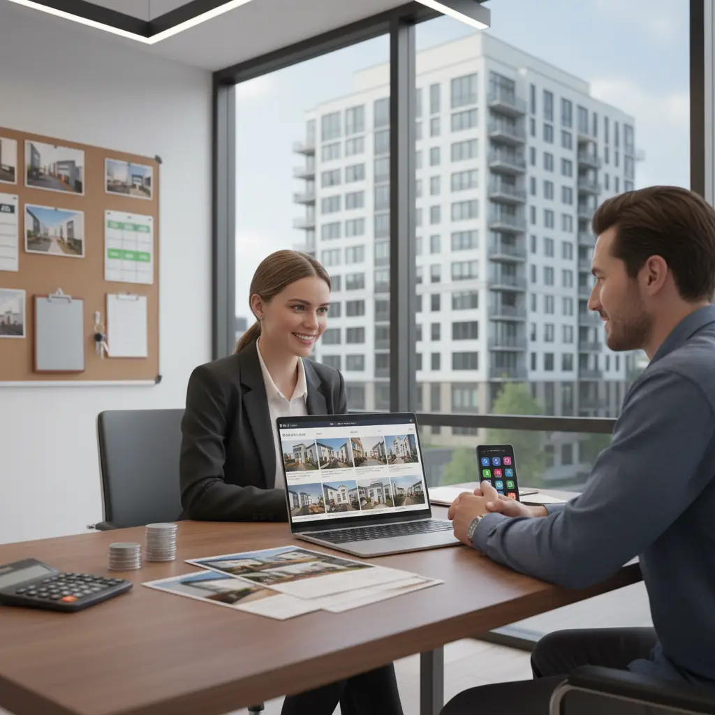 A professional woman shows property listings on a laptop to a man seated across a desk in a modern office with large windows overlooking an apartment building, illustrating Apartment Locator Leads in action.