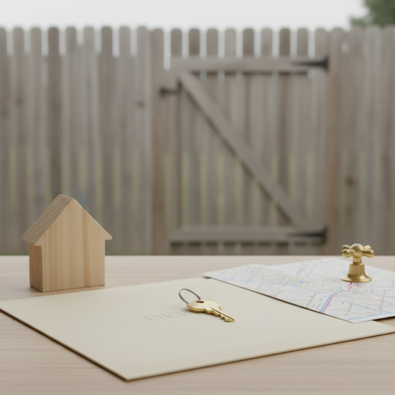 A wooden house model, a key on top of a document, and a small brass fixture on a folded map arranged on a wooden table in front of a backyard fence, representing Appurtenances.