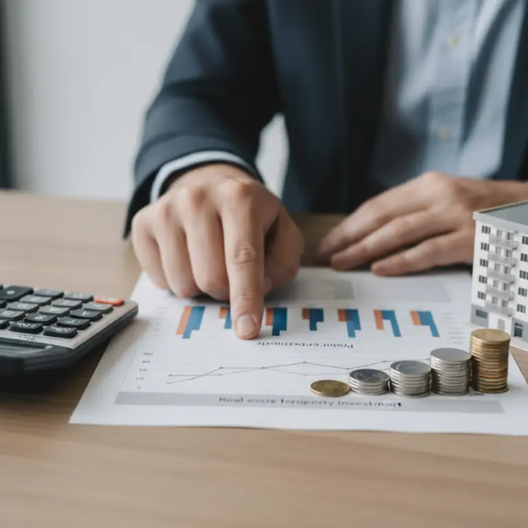 Businessperson in a suit pointing at financial charts on a desk beside stacked coins, a calculator, and a small building model, illustrating the concept of Asset Management Fee.