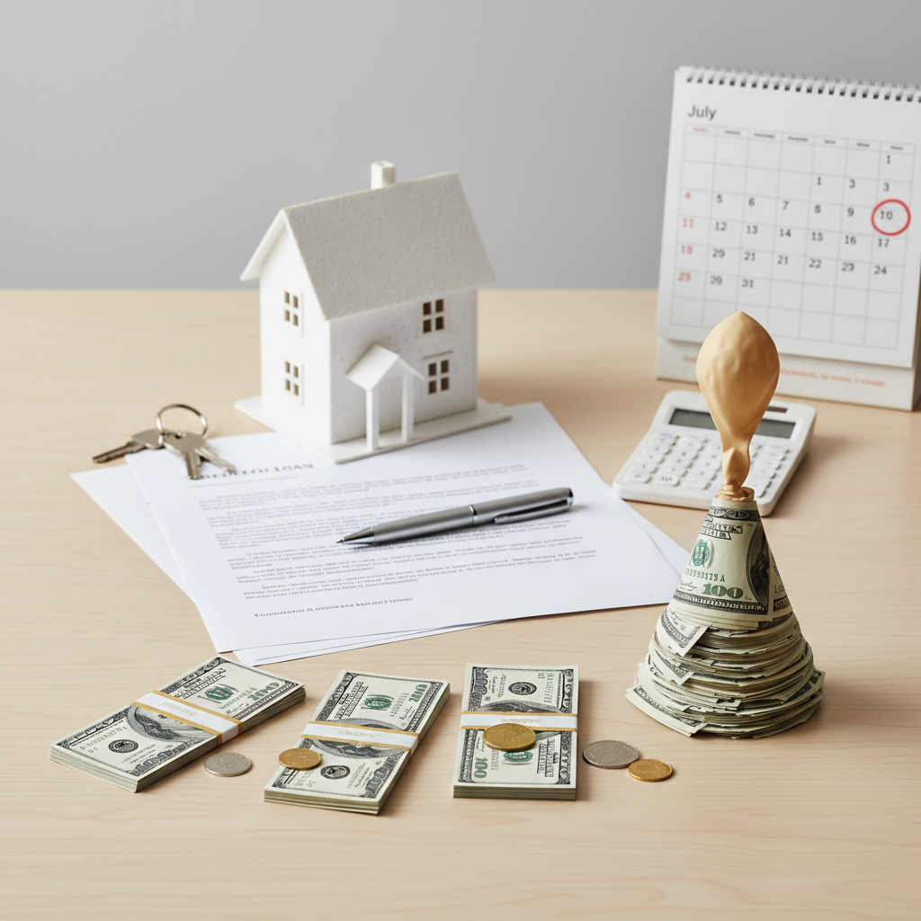 Desk scene with a model house, loan documents, keys, stacks of cash, coins, a calculator, a July calendar, and a balloon tied to a cone-shaped stack of dollar bills representing a Balloon Payment.