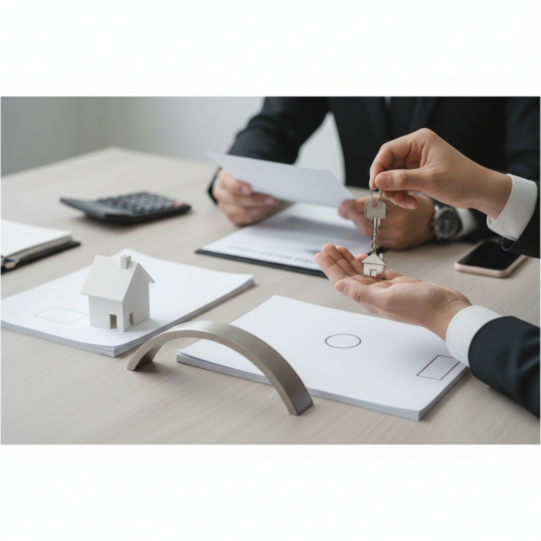 Person reviewing documents at a desk with a laptop showing an upward graph, a small model house, and a miniature bridge on stacked coins in an office overlooking a city skyline, representing Bridge Financing.