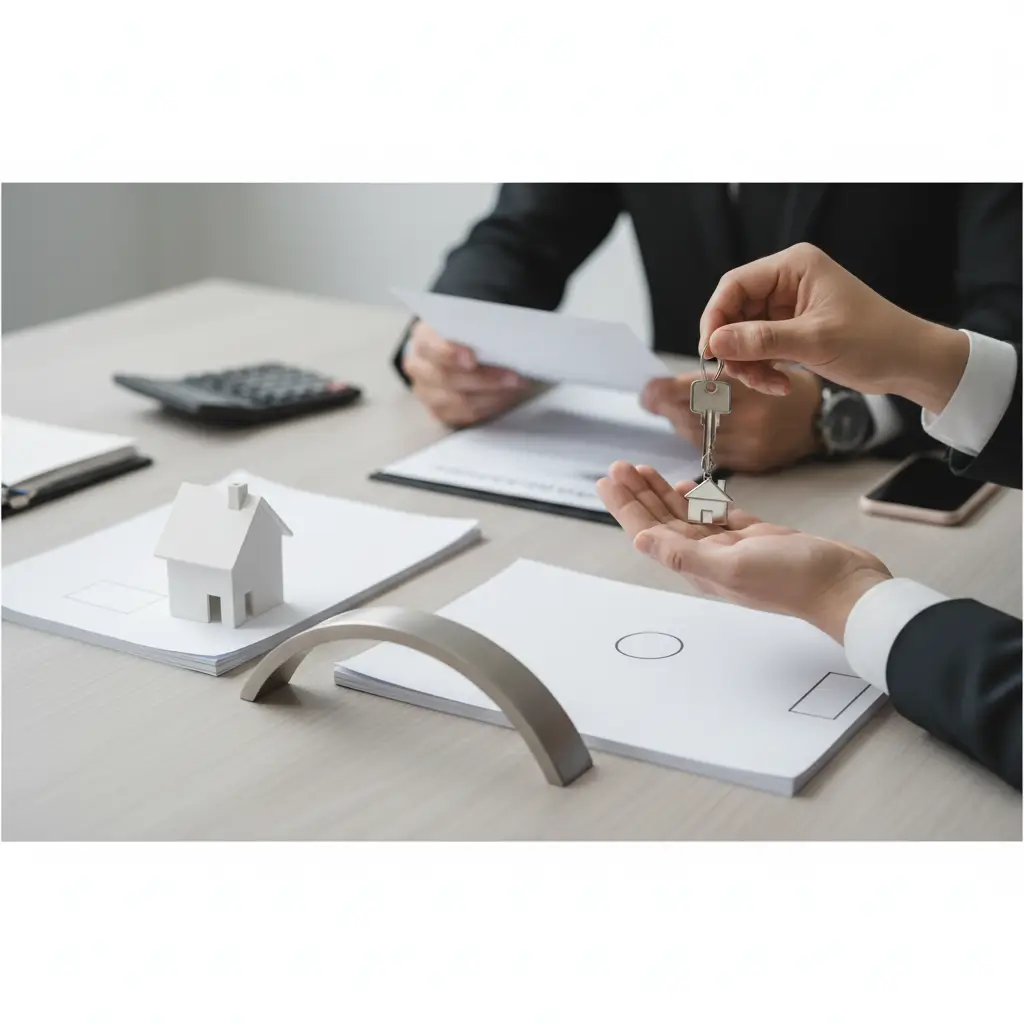 Two people in business attire sit at a desk exchanging house-shaped keys over documents and a small model house, representing Bridge Financing.