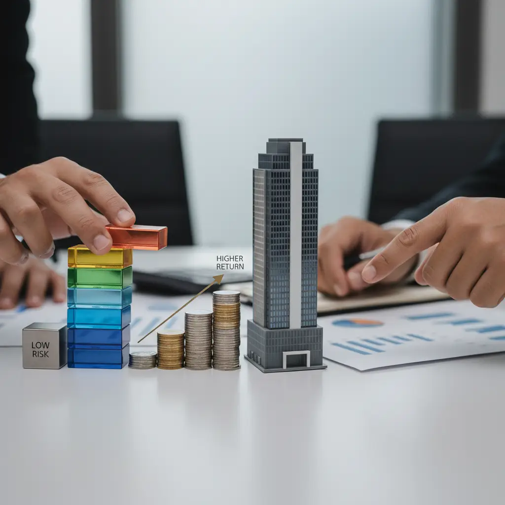Business professionals at a desk arrange colorful stacked blocks labeled low risk beside ascending stacks of coins leading to a tall building model, visually illustrating a Capital Stack.