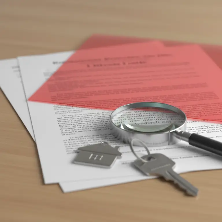 Magnifying glass, house key, and keychain resting on legal documents related to Color of Title on a wooden desk.