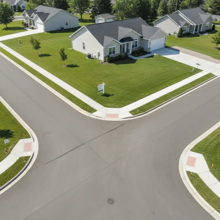 Aerial view of a suburban neighborhood showing a single-story house with a large green lawn on a Corner Lot at a quiet intersection.