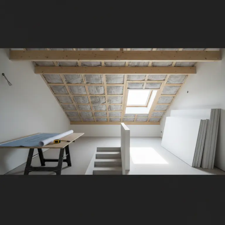 Bright attic room under construction with exposed insulated ceiling, skylight, drywall sheets stacked against the wall, and a worktable with plans and tape measure, illustrating a Loft Conversion in progress.