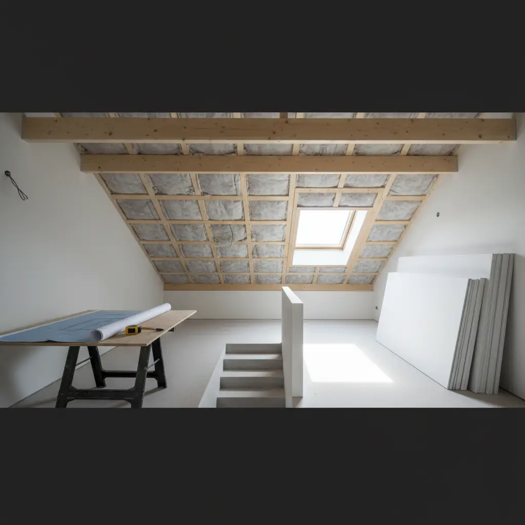 Bright attic room under construction with exposed insulated ceiling, skylight, drywall sheets stacked against the wall, and a worktable with plans and tape measure, illustrating a Loft Conversion in progress.