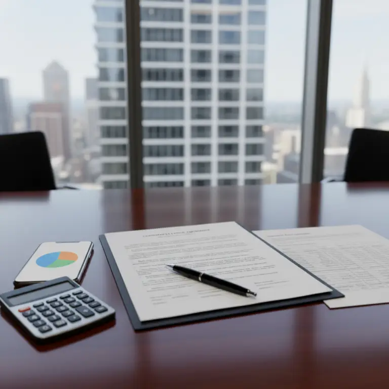 A conference room table with financial documents, a pen, a calculator, and a smartphone displaying a pie chart in front of a large window overlooking city skyscrapers, illustrating work related to Pro Rata Basis.