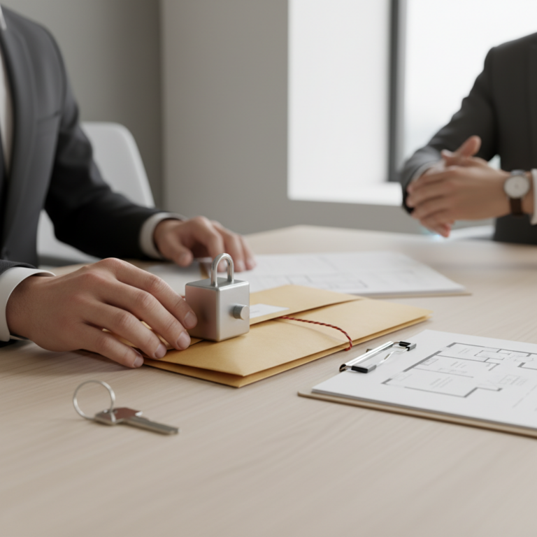 Two people in suits sit at a desk with documents, a sealed envelope secured by a small lock, and a key lying nearby, representing a formal financial agreement related to a Standby Letter of Credit.