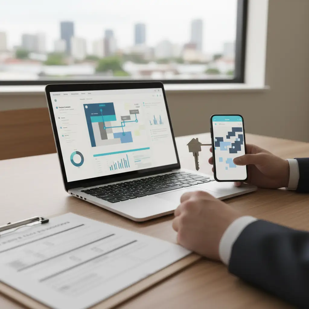 Person in a suit working at a desk with a laptop and smartphone displaying property analytics dashboards, with a key on the table and Zillow Data visible on the screens.
