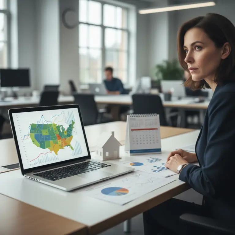 Professional woman sitting at a desk in a modern office, looking at a laptop screen displaying a colorful map of the United States with charts and graphs, representing data analysis related to altos research.