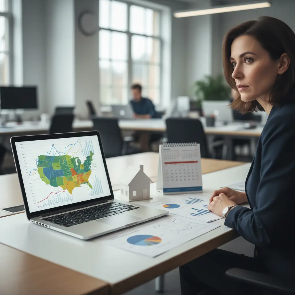 Professional woman sitting at a desk in a modern office, looking at a laptop screen displaying a colorful map of the United States with charts and graphs, representing data analysis related to altos research.