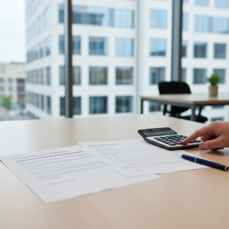 Hand using a calculator next to a pen and documents on a desk in a modern office, illustrating calculations related to Base Rent.