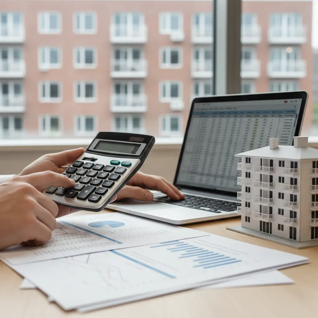 Person using a calculator and laptop with spreadsheets next to financial charts and a model apartment building, illustrating Cap Rate analysis.