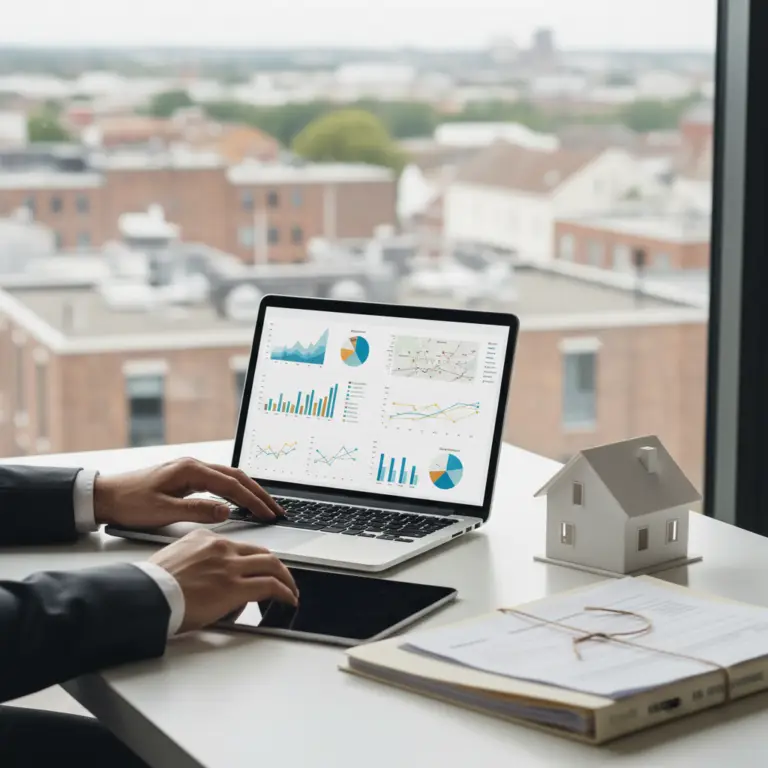 Person in a suit working on a laptop displaying colorful charts and graphs at a desk with documents, a tablet, and a small model house, representing Corelogic.