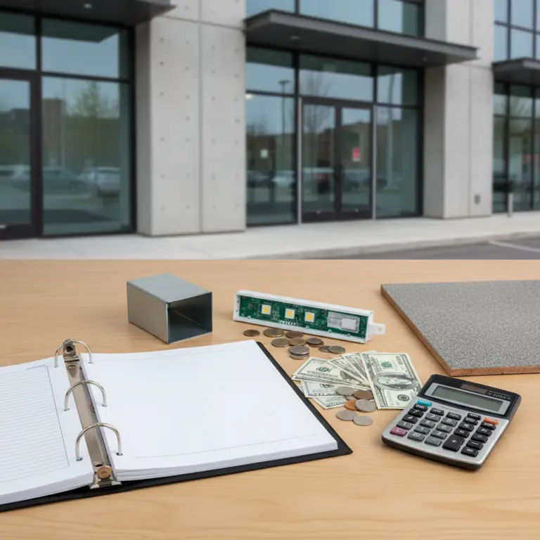 Desk setup with an open binder, calculator, cash and coins, a small electronic circuit board, and metal and panel samples in front of a building entrance for Cost Segregation Study.