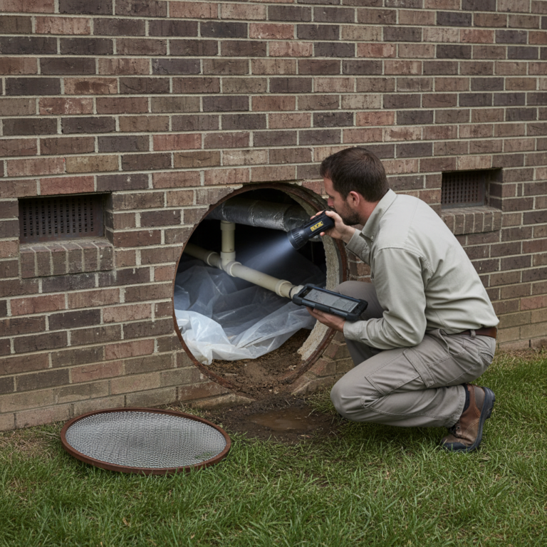 A technician kneels by an open foundation access, shining a flashlight into the Crawlspace while holding a tablet.