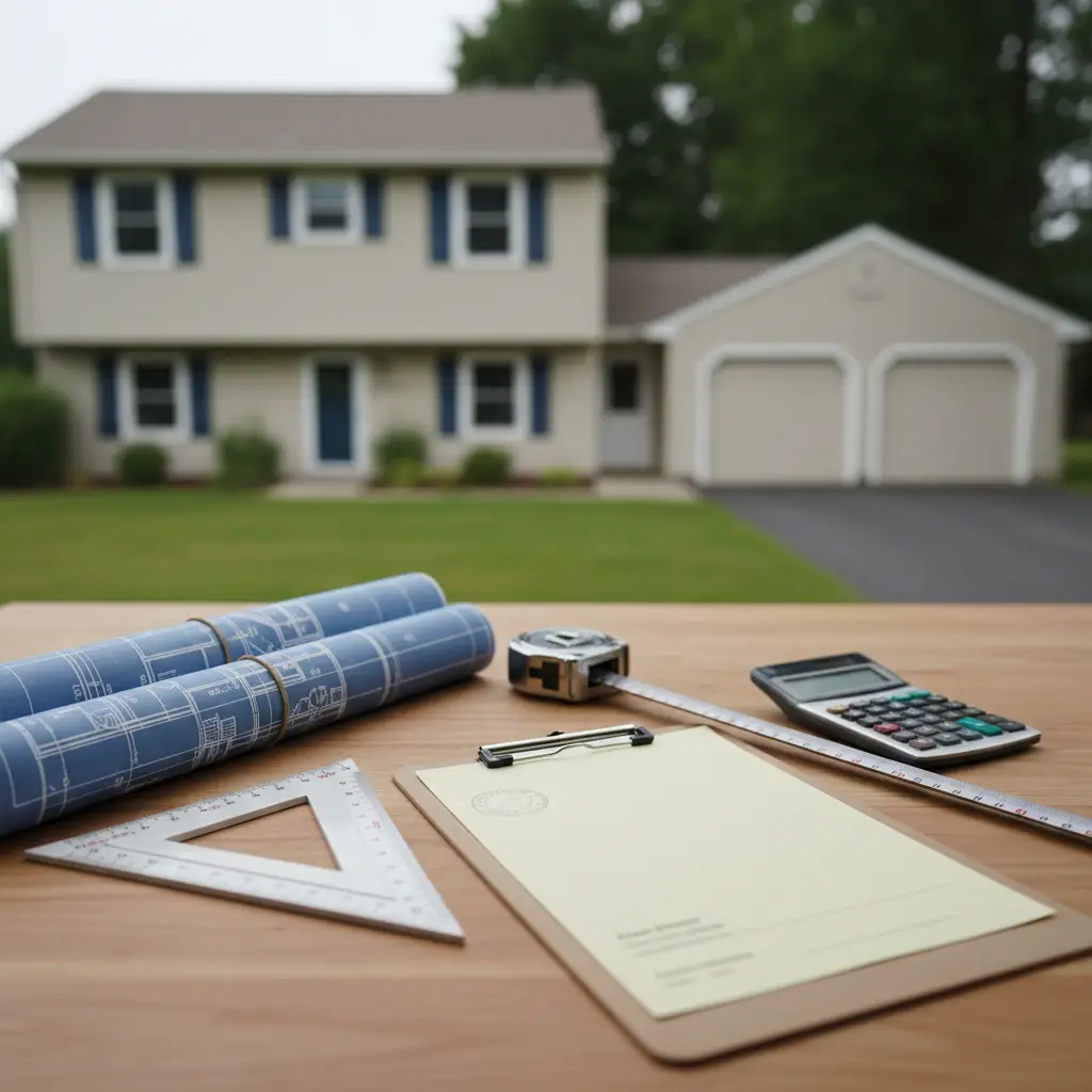 Blueprint rolls, measuring tools, a calculator, and a clipboard on a wooden table with a house and Detached Garage in the background.
