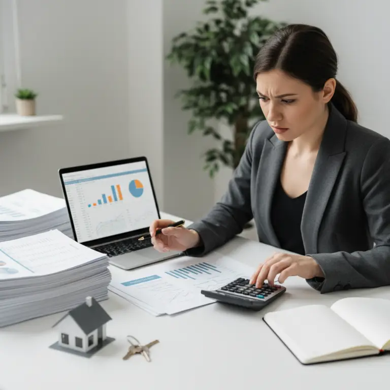 Woman in a blazer reviewing charts on a laptop while using a calculator at a desk with financial documents, a small house model, and keys, focusing on Discount Rate.