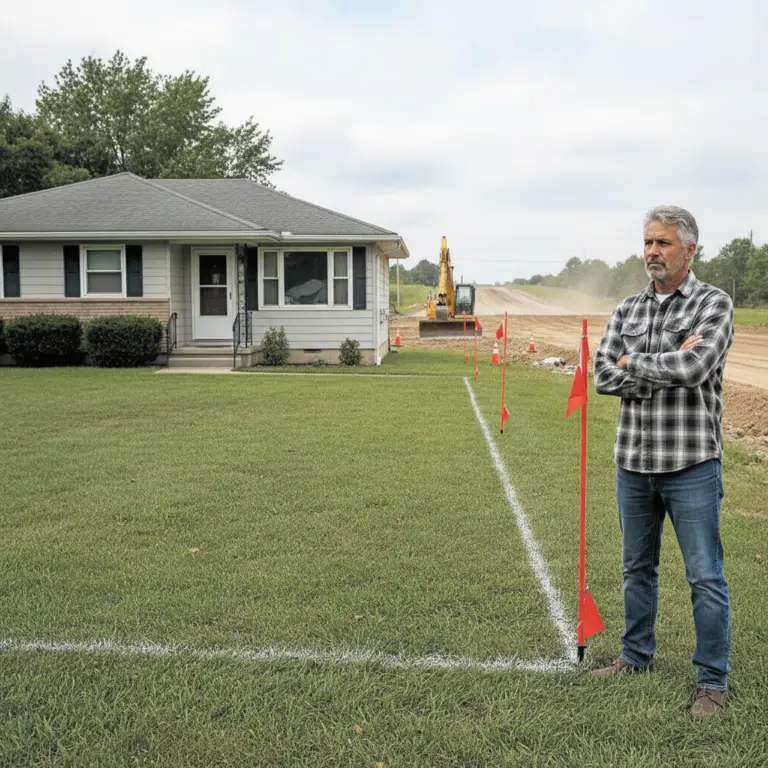 A man in a suit shakes hands with a woman holding documents on a grassy lawn beside a road construction site, with a surveyor and equipment in the background, illustrating Eminent Domain.