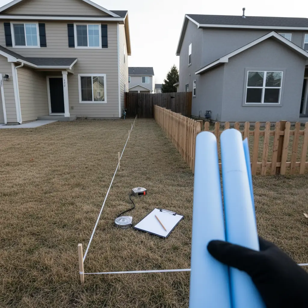 View between two suburban houses where a narrow side yard is marked with stakes and string, measuring tools, and plans in hand, illustrating Encroachment concerns along the property line.