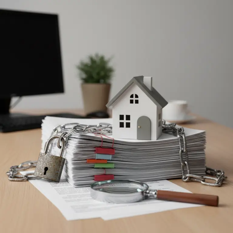 Miniature house on a thick stack of papers wrapped in a chain and padlock, with binder clips and a magnifying glass on a desk, representing Encumbrance.