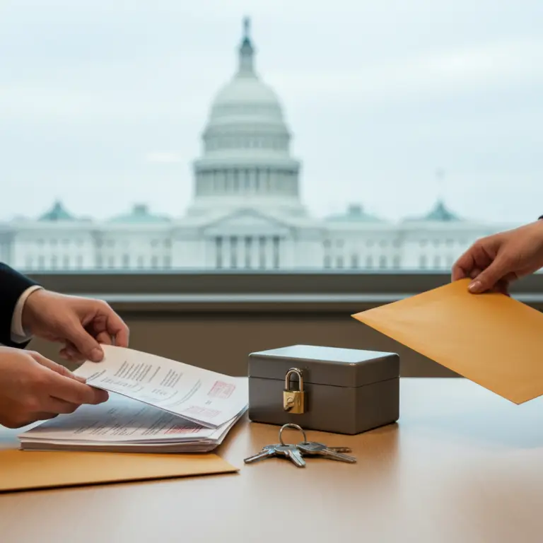 Two people exchange official papers and a large envelope across a table with a locked metal box and keys, with a domed government building visible through a window in the background, Escheat.
