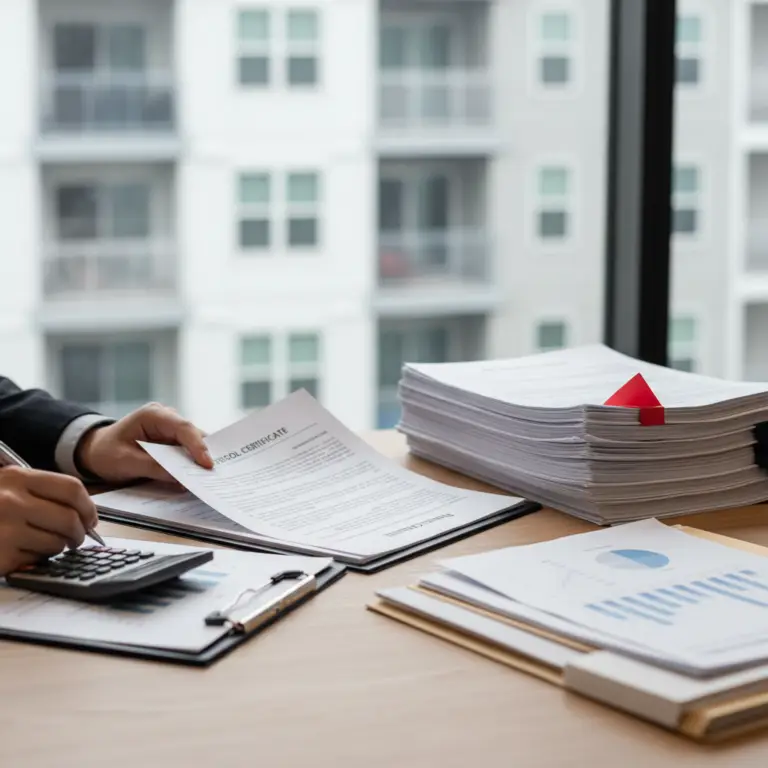 Hands reviewing an Estoppel Certificate document on a desk with a calculator, clipboards, printed charts, and a large stack of paperwork near a window.