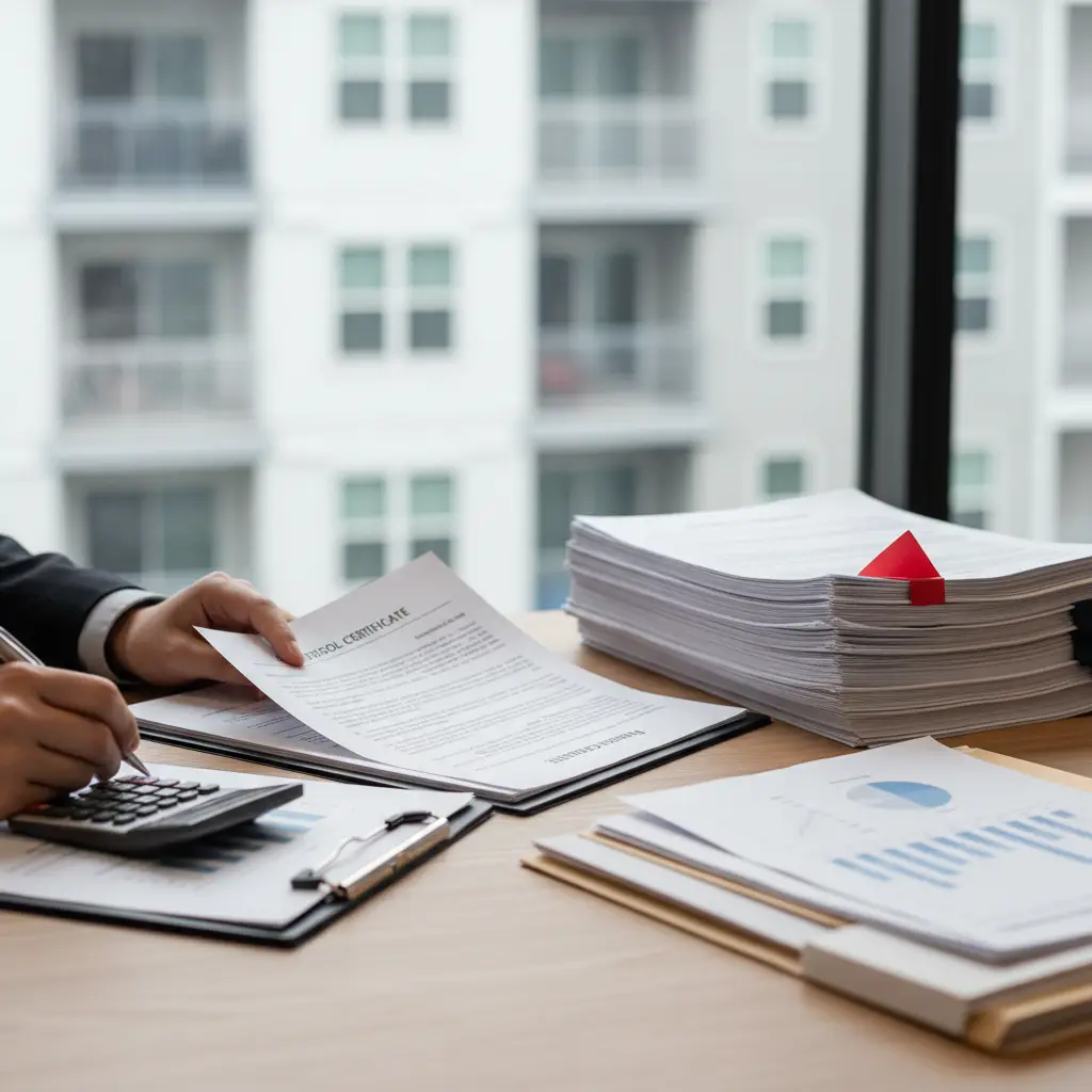 Hands reviewing an Estoppel Certificate document on a desk with a calculator, clipboards, printed charts, and a large stack of paperwork near a window.