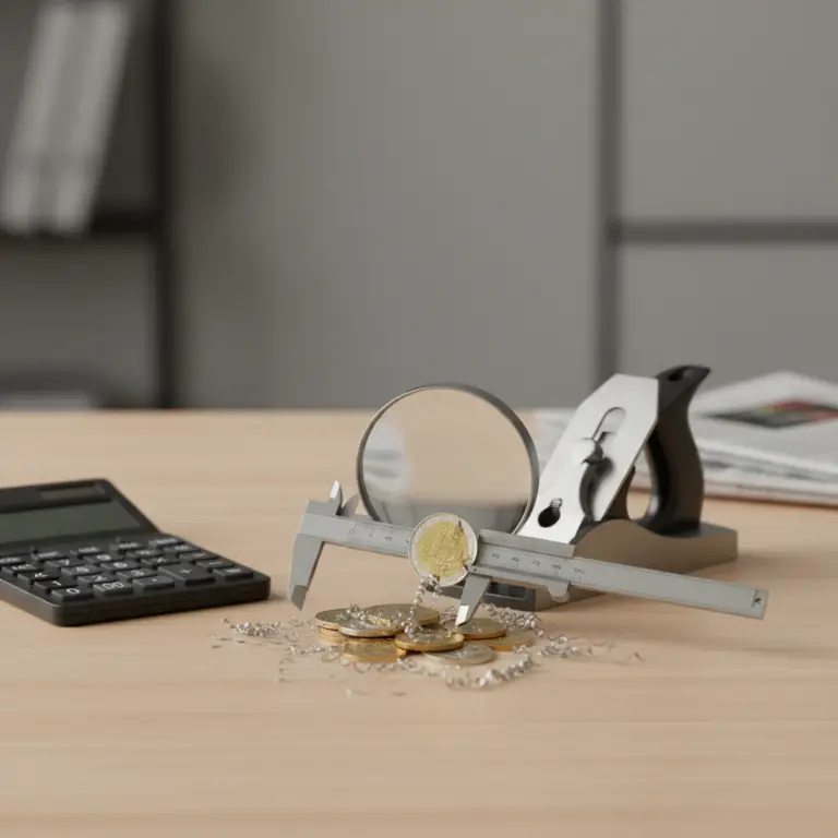 Expense Ratio shown with a caliper measuring stacked coins on a desk beside a magnifying glass, a calculator, and a tape dispenser.