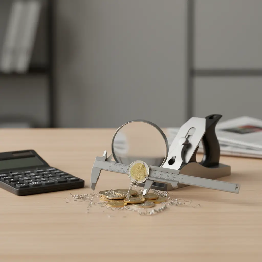 Expense Ratio shown with a caliper measuring stacked coins on a desk beside a magnifying glass, a calculator, and a tape dispenser.